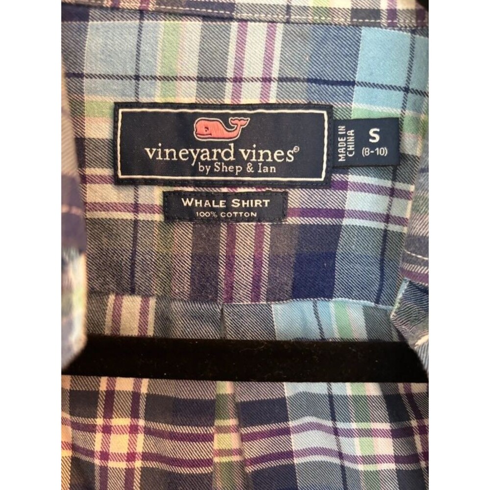 Vineyard Vines Youth Whale Shirt Plaid Button Down Blue Purple Size Small 8-10